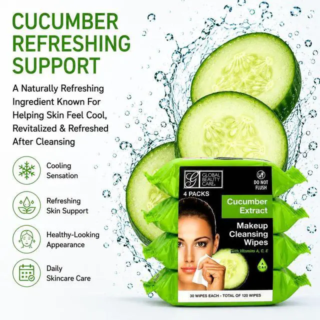 Alt view image 5 of 7 - Cucumber Makeup Remover Wipes with Vitamins A C E For Cooling Skin Support - Facial Cleansing Towelettes Remove Waterproof Mascara, Oil & Dirt, All Skin Types 120 Count (4-Pack)