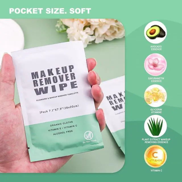 Alt view image 3 of 7 - 50 pcs Makeup Remover Wipes Individually Wrapped Makeup Wipes Bulk Face Cleansing Wipe, Travel Towelette Makeup Remover Cloth for Face Cleansing Skin Care Remove Makeup(Green)