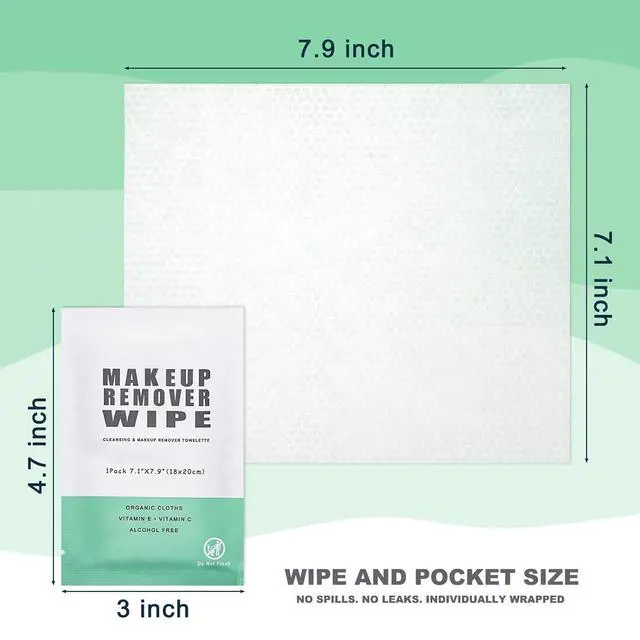 Alt view image 4 of 7 - 50 pcs Makeup Remover Wipes Individually Wrapped Makeup Wipes Bulk Face Cleansing Wipe, Travel Towelette Makeup Remover Cloth for Face Cleansing Skin Care Remove Makeup(Green)