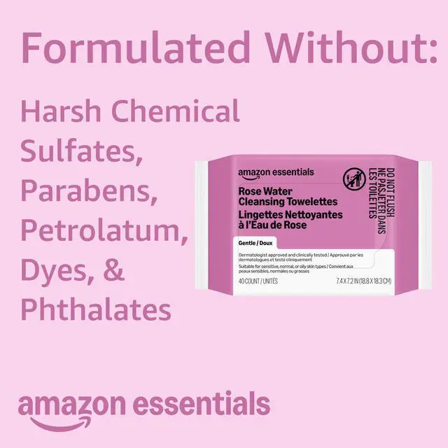 Alt view image 3 of 7 - Essentials Rose Water Cleansing Towelettes, Gentle, Dermatologist Approved, Suitable for Sensitive, Normal, or Oily skin types, 40 Count, Pack of 1