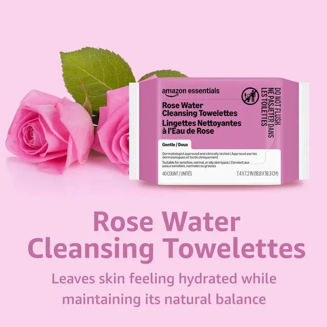 Alt view image 4 of 7 - Essentials Rose Water Cleansing Towelettes, Gentle, Dermatologist Approved, Suitable for Sensitive, Normal, or Oily skin types, 40 Count, Pack of 1