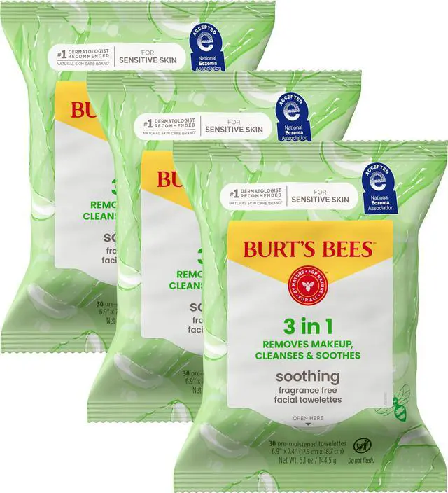 Main image of Soothing Fragrance Free Facial Towelettes with Aloe Vera, 100 Percent Plant Based Cloth Makeup Remover Wipes for Sensitive Skin, 99 Percent Natural Origin Skin Care, 30 ct., Three Pack