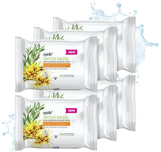 Main image of Witch Hazel Makeup Remover Wipes, Gentle Daily Facial Cleanser Towelettes, Remove Dirt, Oil & Waterproof Mascara, Stocking Stuffers, 30 Count (Pack of 6)
