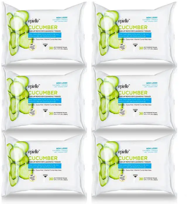 Main image of Cucumber Makeup Remover Wipes, Gentle Daily Facial Cleanser Towelettes, Remove Dirt, Oil & Waterproof Mascara, Stocking Stuffers, 30 Count (Pack of 6)