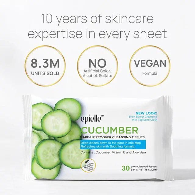 Alt view image 2 of 7 - Cucumber Makeup Remover Wipes, Gentle Daily Facial Cleanser Towelettes, Remove Dirt, Oil & Waterproof Mascara, Stocking Stuffers, 30 Count (Pack of 6)