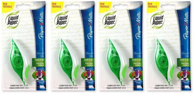 Main image of Paper Mate 660415 Liquid Paper DryLine Grip Correction Tape Dispenser, Pack of 4; Transparent Green Body; 1/5 inches Wide x 27.8 feet Long White Tape; Applies Dry, Rewrite Instantly; Swivel Tip