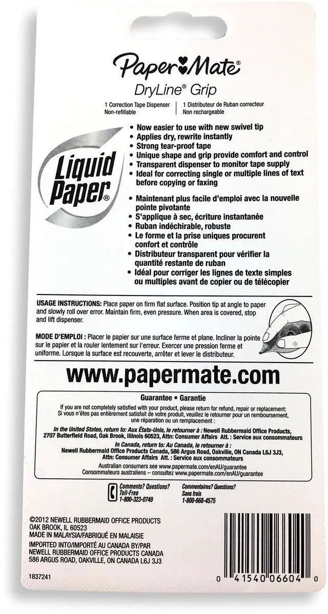 Alt view image 3 of 5 - Paper Mate 660415 Liquid Paper DryLine Grip Correction Tape Dispenser, Pack of 4; Transparent Green Body; 1/5 inches Wide x 27.8 feet Long White Tape; Applies Dry, Rewrite Instantly; Swivel Tip