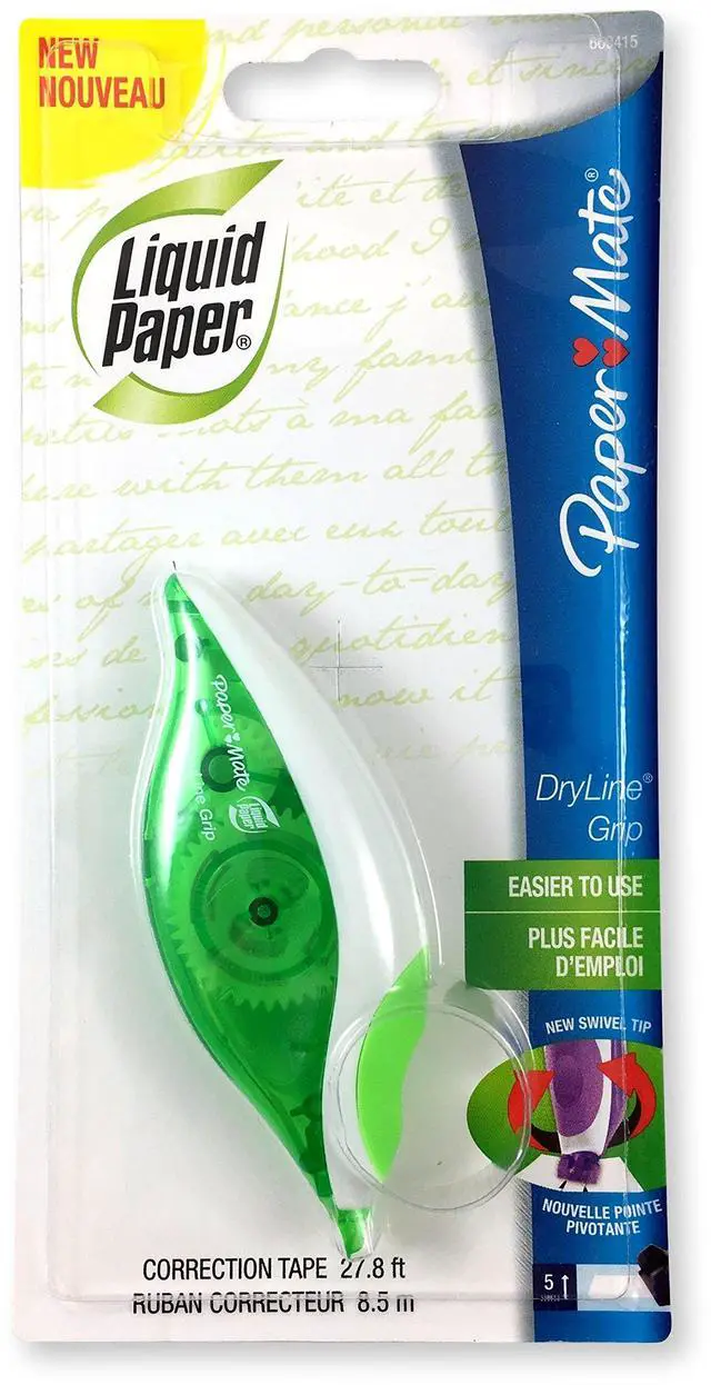 Alt view image 5 of 5 - Paper Mate 660415 Liquid Paper DryLine Grip Correction Tape Dispenser, Pack of 4; Transparent Green Body; 1/5 inches Wide x 27.8 feet Long White Tape; Applies Dry, Rewrite Instantly; Swivel Tip