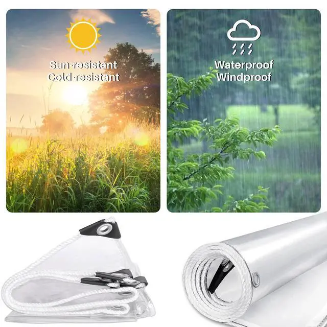 Alt view image 5 of 7 - Clear Tarps Heavy Duty Waterproof, 15Mil Transparent PVC Vinyl Tarpaulin with Grommets, Ropes, Reinforced Edge, Tear-Resistant, Anti-UV for Greenhouse, Patio, Garden, Porch, Pavilion, Outdoor
