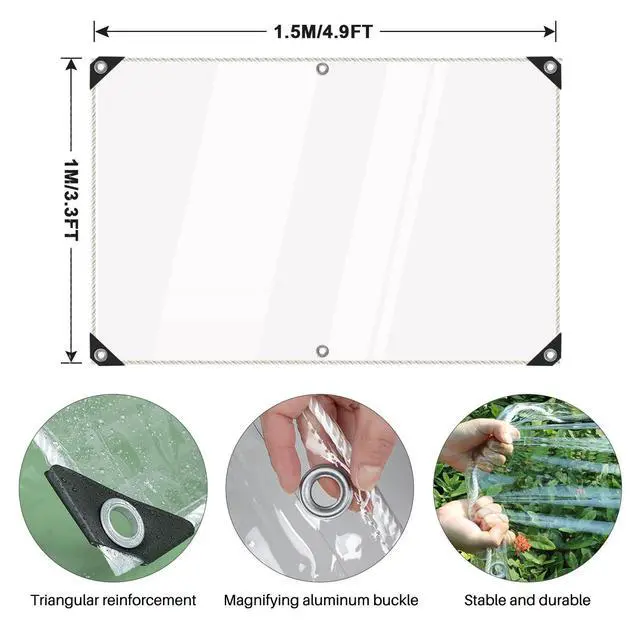 Alt view image 4 of 7 - Clear Tarps Heavy Duty Waterproof, 15Mil Transparent PVC Vinyl Tarpaulin with Grommets, Ropes, Reinforced Edge, Tear-Resistant, Anti-UV for Greenhouse, Patio, Garden, Porch, Pavilion, Outdoor