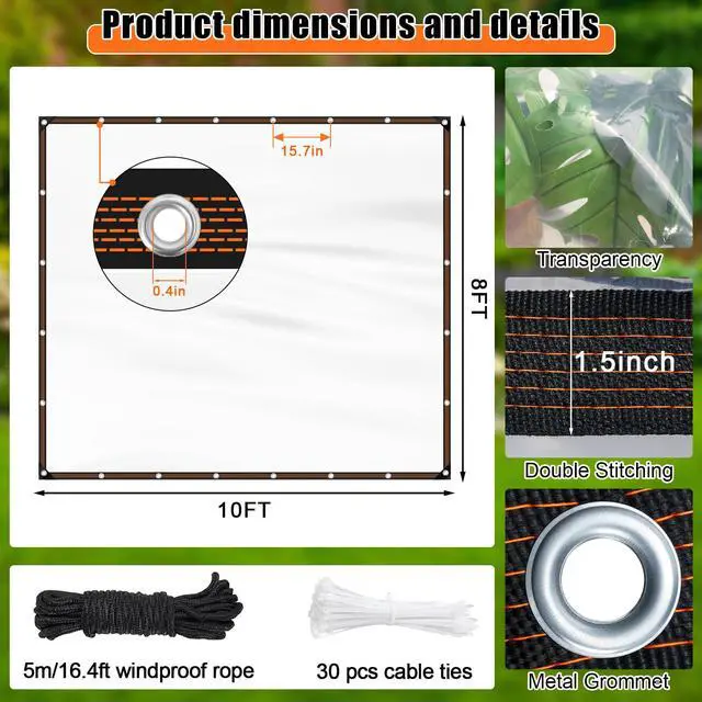 Alt view image 2 of 7 - ZYP 8x10 FT Heavy Duty Clear Waterproof Tarps Outdoor Garden Rainproof Covering,Clear Vinyl Tarp with Grommets,Transparent Waterproof Tarpaulin for Covering Henhouse Porch Canopy Plant Camping