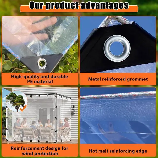 Alt view image 4 of 7 - 4x6FT Clear Tarp - PE Clear Vinyl Tarp Edge Hot Melt Heavy Duty Clear Waterproof Tarps, with Reinforced Grommets,Tear Resistant for Patio Cover, Greenhouse, Chicken Coops & Porch