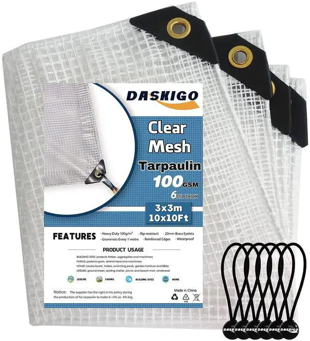 Main image of 10 x 10Ft Heavy Duty Waterproof Tarps Reinforced Mesh Clear Tarp Cover Sheet & 6 PCS Bungee Balls