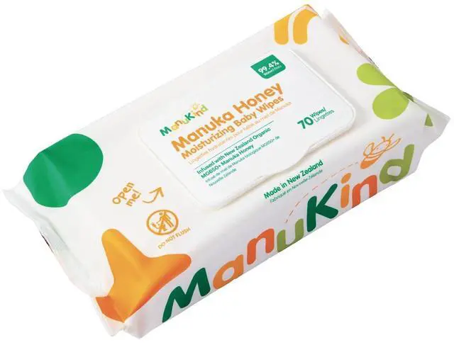 Main image of ManuKind Manuka Honey Infused Baby Wipes, Ultra Gentle, 100% Bamboo Fiber, Soft Comfort for Sensitive Skin, Dermatologist Tested, Made in New Zealand, 70 Count