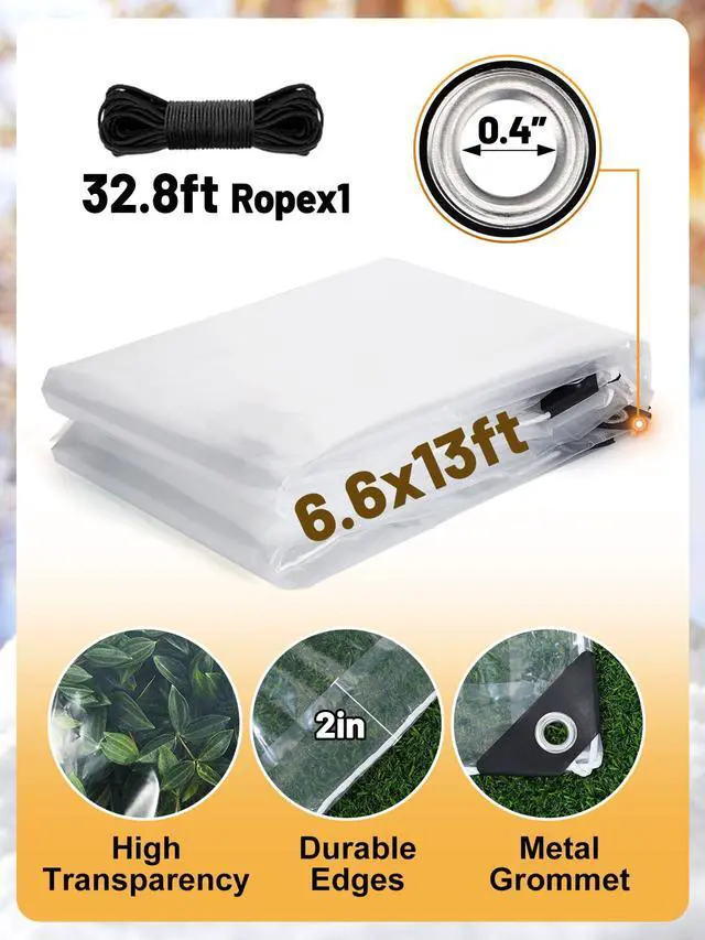Alt view image 5 of 6 - 6.6 × 13 ft Thicken Clear Tarp Waterproof - 5 mil Anti-Tear Snowproof & Windproof Clear Plastic Tarps with Grommets PVC Tarp Tarpaulin for Winter Garden Patio Enclosure Chicken Coop Window Shield
