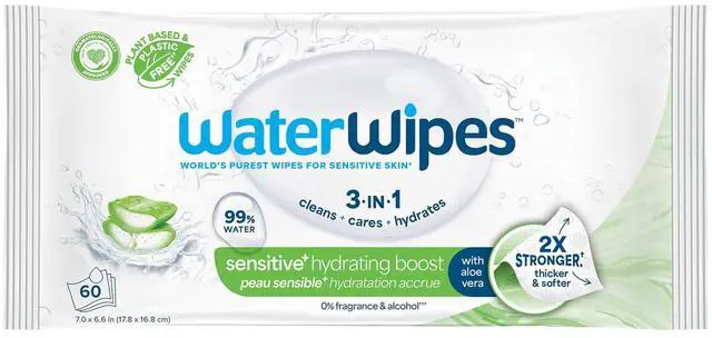 Main image of WaterWipes Sensitive+ Hydrating Boost Wipes, 3-In-1 Cleans, Cares, Hydrates, 99% Water with Aloe Vera, Unscented & Hypoallergenic Baby Wipes, 60 Count (1 Pack)