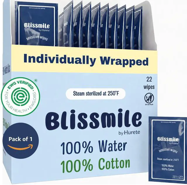 Main image of Blissmile 100% Water Wet Wipes, Individually Wrapped Travel Size - Unscented & Fragrance-Free, 100% Cotton - Gentle for Baby, Women & Sensitive Skin - Face, Hand, Body & Feminine Care - 22 ct
