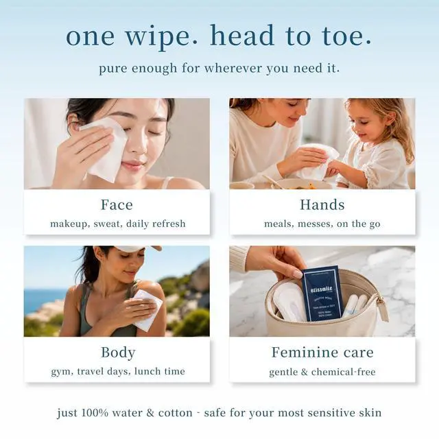 Alt view image 5 of 7 - Blissmile 100% Water Wet Wipes, Individually Wrapped Travel Size - Unscented & Fragrance-Free, 100% Cotton - Gentle for Baby, Women & Sensitive Skin - Face, Hand, Body & Feminine Care - 22 ct