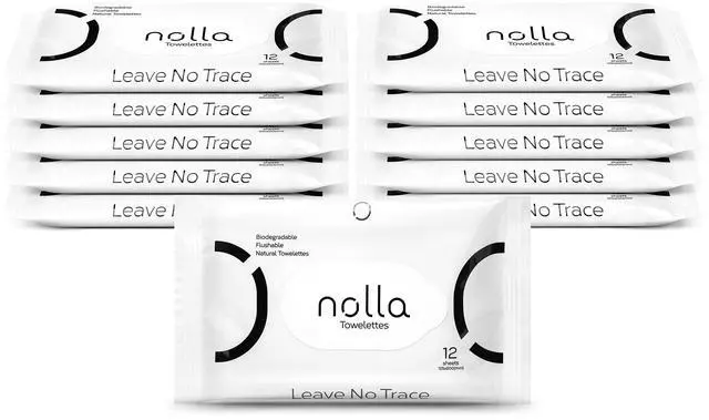 Main image of Nolla Flushable Wipes Travel Packs, 100% Plant-Based, Plastic-Free and Biodegradable - Unscented + Soothing Aloe and Vitamin E 120 Count (10 Packs of 12)
