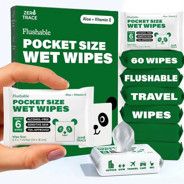 Main image of Zero Trace Flushable Wipes Pack Portable Travel Wipes with Aloe Pocket Size for Adults, Kids & Baby Care 99.5% Water, Biodegradable, Safe for Sensitive Skin & Hypoallergenic 10 Packs × 6(60 Total)