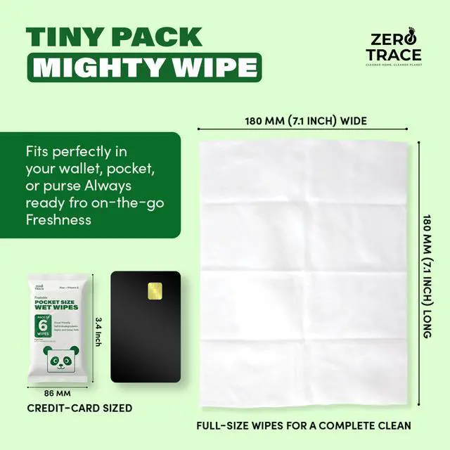 Alt view image 2 of 7 - Zero Trace Flushable Wipes Pack Portable Travel Wipes with Aloe Pocket Size for Adults, Kids & Baby Care 99.5% Water, Biodegradable, Safe for Sensitive Skin & Hypoallergenic 10 Packs × 6(60 Total)