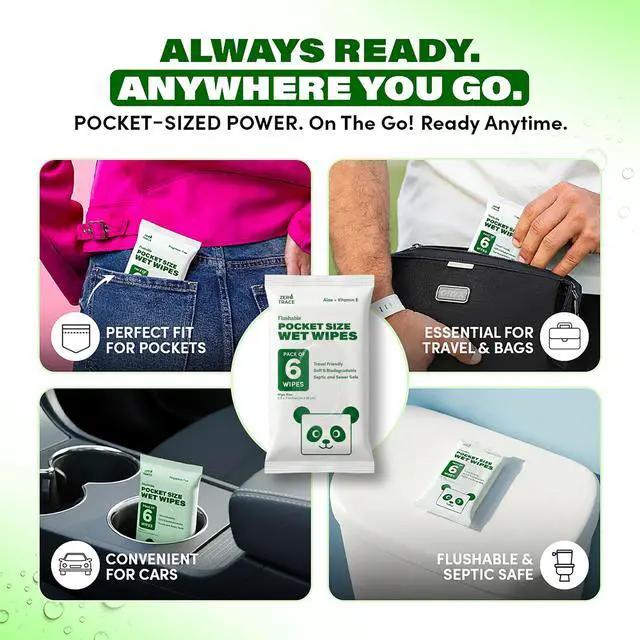 Alt view image 5 of 7 - Zero Trace Flushable Wipes Pack Portable Travel Wipes with Aloe Pocket Size for Adults, Kids & Baby Care 99.5% Water, Biodegradable, Safe for Sensitive Skin & Hypoallergenic 10 Packs × 6(60 Total)
