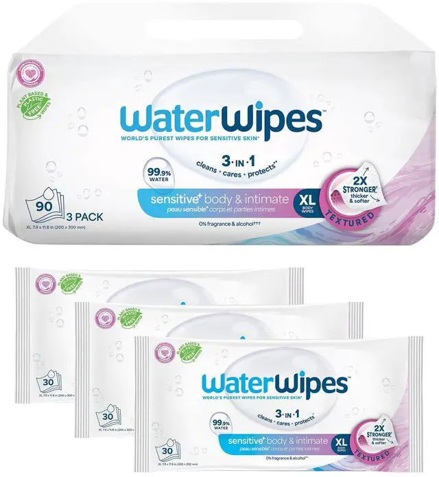 Main image of WaterWipes Sensitive Whole Body Cleansing Wipes, 99.9% Purified Water, XL Textured Wipes, Incontinence Care, Fragrance Free, 90 Count