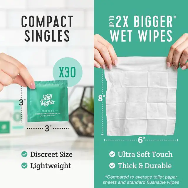 Alt view image 4 of 7 - Stall Mates - Flushable Wipes, Individually Wrapped, Travel Friendly, Unscented with Cucumber, Vitamin-E & Aloe, (30 on-the-go singles)