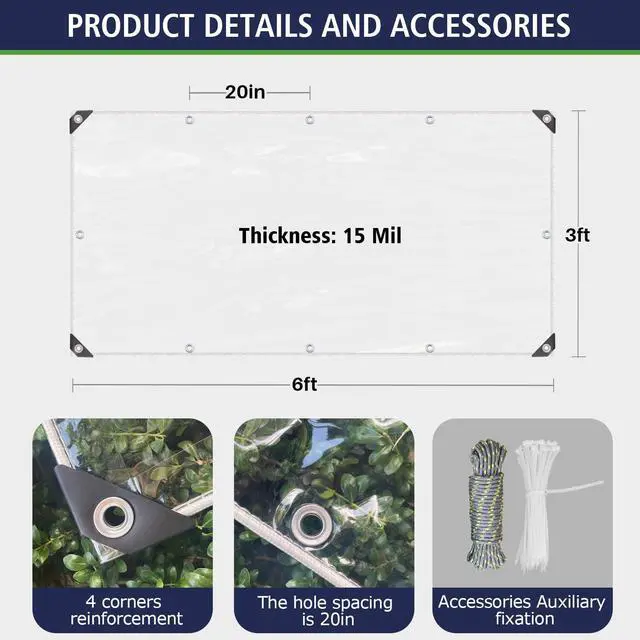 Alt view image 3 of 7 - SHADEPLUS Clear Tarp 3'x6' 15MIL - Heavy-Duty Transparent Waterproof, Wind & Tear-Resistant Clear PVC Tarp Includes Cable Ties & Fixing Rope. Ideal for Terraces, Pavilions, Porches & More