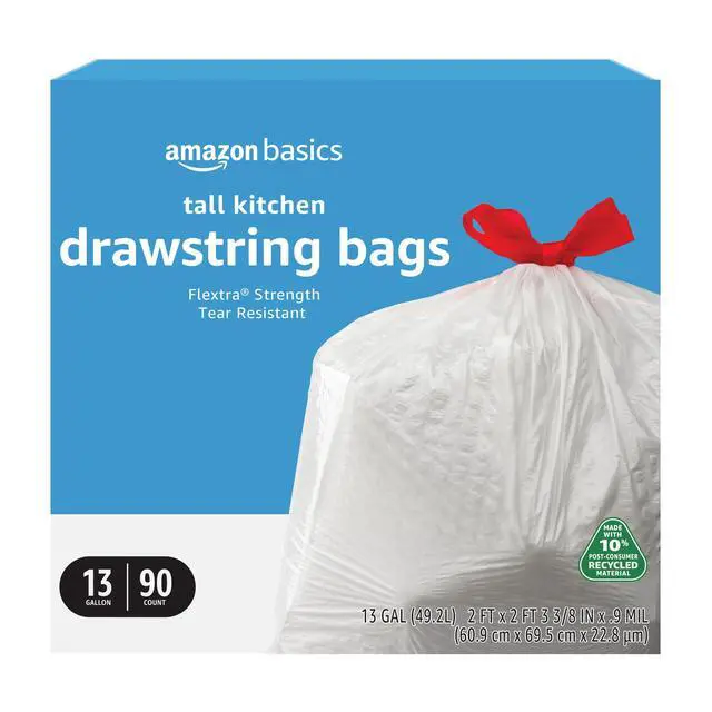 Main image of 13 Gallon Tall Kitchen Drawstring Trash Bags, Flextra Strength, Tear Resistant, 10% Post Consumer Recycled, 90 Count, White