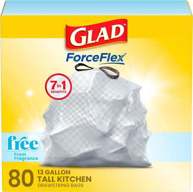 Main image of Glad ForceFlex Tall Kitchen Drawstring Trash Bags, 13 Gal, Fragrance Free, 80 Ct (Package May Vary)