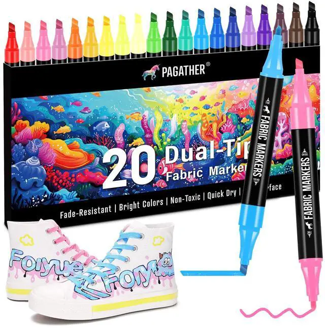 Main image of Fabric Markers Permanent for Clothes, 20 Colors Dual Tip with Fine and Chisel Tips Paint Pens for Clothing Canvas Tote Bags T-Shirt and Shoes, Non Toxic Ink for Kids and Adults