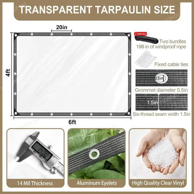Alt view image 3 of 6 - HZMGPCM Premium Clear Vinyl Tarp 4x6 ft Tearproof Heavy Duty Clear Tarp with Rustproof Grommets Windproof Design(14 Mil) Reinforced Edges for Patio Outdoor Porch Greenhouse Chicken Coop Garden