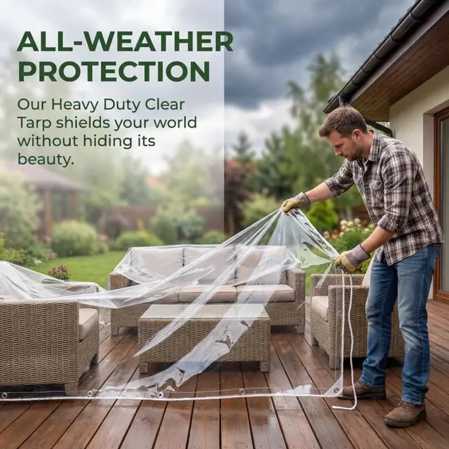 Alt view image 3 of 7 - Clear Tarp Heavy Duty Waterproof, 14 Mil Thick PVC Vinyl Tarp with Grommets, Transparent Tarpaulin for Patio, Greenhouse, Porch Enclosure, and Outdoor Cover(3' x 5')
