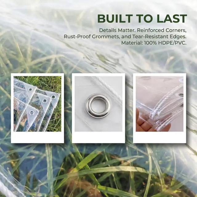 Alt view image 2 of 7 - Clear Tarp Heavy Duty Waterproof, 14 Mil Thick PVC Vinyl Tarp with Grommets, Transparent Tarpaulin for Patio, Greenhouse, Porch Enclosure, and Outdoor Cover(3' x 5')