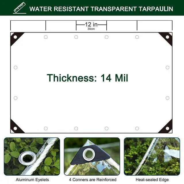 Alt view image 3 of 7 - Clear Tarp with Grommets,3x6ft Transparent Heavy Duty Water Resistant Tarp Cover with Reinforced Edge,14Mil Thickened Tear Resistant PVC Vinyl Tarpaulin Enclosure for Patio,Porch and Outdoor