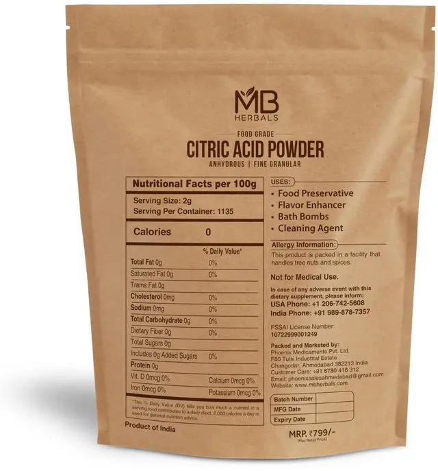 Alt view image 2 of 2 - MB Herbals Anhydrous Citric Acid Powder 5 lb | 100% Pure Food Grade Fine Granulated Citric Acid Powder | Food Preservative Flavor Enhancer