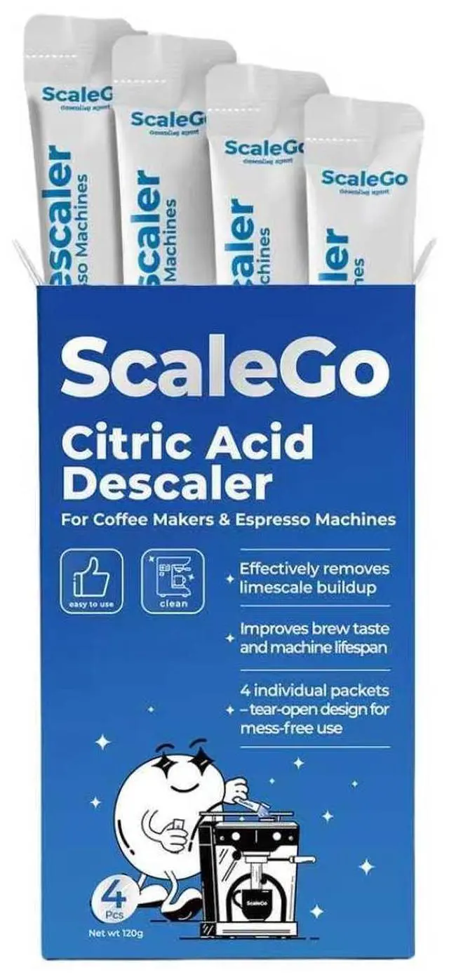 Main image of scalego Coffee Machine Cleaner & Descaler | Citric Acid Descaling Powder | Pre-measured Package for Mess-Free Use & Storage | Removes Limescale | Compatible with Keurig, Nespresso, Breville | 4 Uses