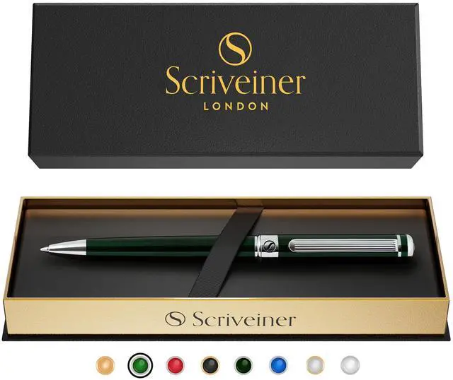 Main image of Scriveiner Green Ballpoint Pen - Stunning British Racing Green Luxury Pen, Chrome Finish, Schmidt Black Refill, Best Ball Pen Gift Set for Men & Women, Professional Executive Office, Nice Designer Pen
