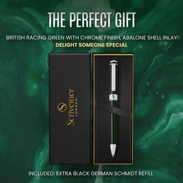 Alt view image 3 of 7 - Scriveiner Green Ballpoint Pen - Stunning British Racing Green Luxury Pen, Chrome Finish, Schmidt Black Refill, Best Ball Pen Gift Set for Men & Women, Professional Executive Office, Nice Designer Pen