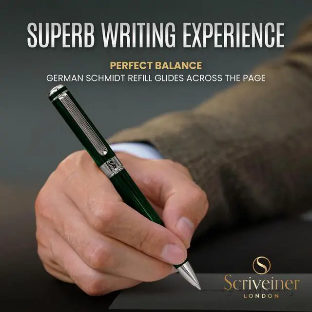 Alt view image 4 of 7 - Scriveiner Green Ballpoint Pen - Stunning British Racing Green Luxury Pen, Chrome Finish, Schmidt Black Refill, Best Ball Pen Gift Set for Men & Women, Professional Executive Office, Nice Designer Pen