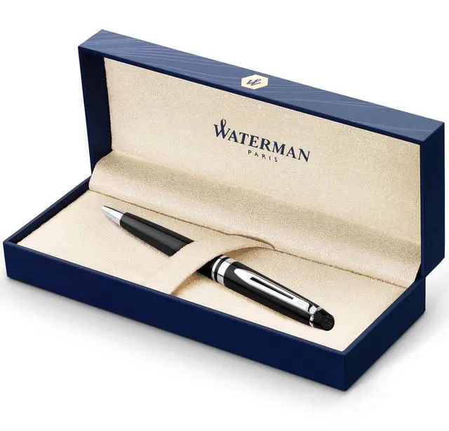 Main image of Waterman Expert Ballpoint Pen, Gloss Black with Chrome Trim, Medium Tip, Blue Ink, Luxury Pen in Gift Box - Supreme Writing Comfort, Signature Style, Polished, Professional