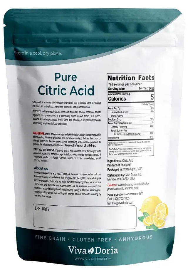 Alt view image 2 of 5 - Viva Doria 100% Pure Citric Acid, Food Grade, Fine Grain, 3.5 Pounds (56 Ounces)