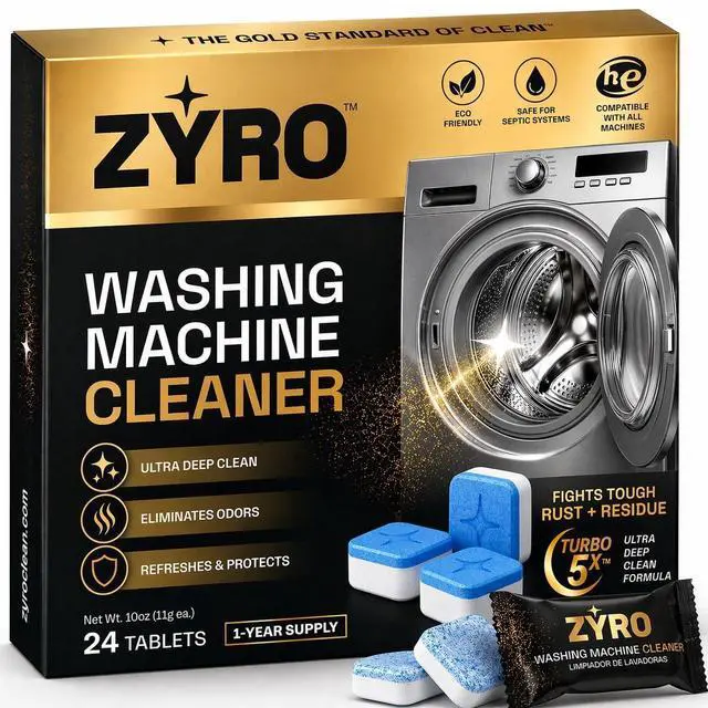 Main image of Zyro Washing Machine Cleaner Tablets 24 Pack | Deep Cleaning Washer Cleaner & Descaler | Cleans Drum, Tub Seal & Gasket | HE Front Load & Top Load Washer | 1 Year Supply