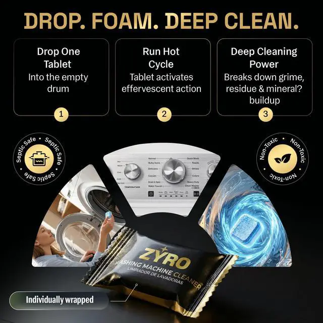 Alt view image 6 of 7 - Zyro Washing Machine Cleaner Tablets 24 Pack | Deep Cleaning Washer Cleaner & Descaler | Cleans Drum, Tub Seal & Gasket | HE Front Load & Top Load Washer | 1 Year Supply
