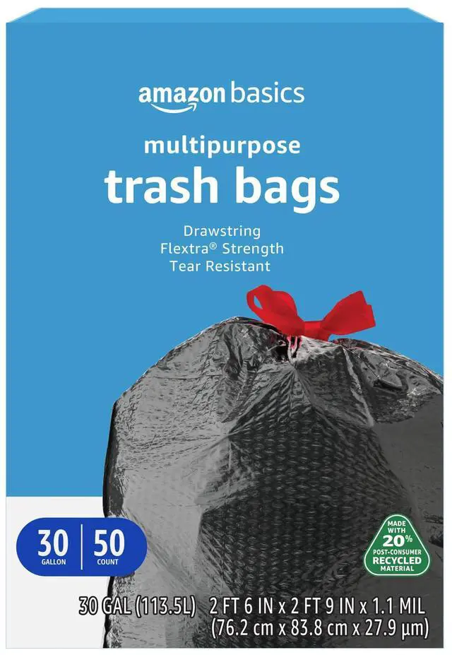 Main image of 30 Gallon Flextra Strength Multipurpose Drawstring Trash Bags, 20% Post Consumer Recycled Material, Tear Resistant, Black, 50 Count