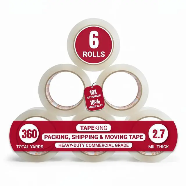 Main image of Tape King Clear Packing Tape - 60 Yards Per Roll (Pack of 6 Rolls) - Stronger & Thicker 2.7mil, Heavy Duty Adhesive Industrial Depot Tapes for Moving Packaging Shipping, Office & Storage