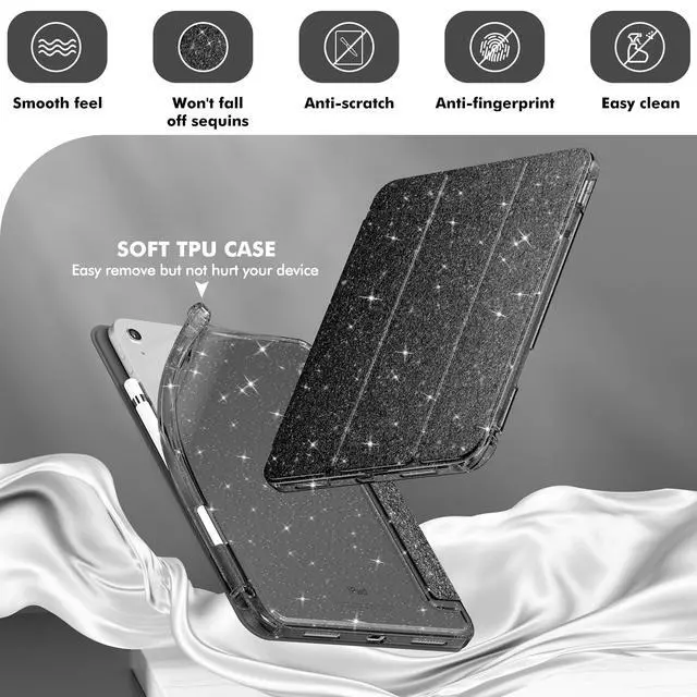 Alt view image 4 of 7 - INFILAND Compatible with iPad A16 11th Generation 11 Inch 2025 Case, iPad Case 10th Generation 10.9 Inch, Glitter Cover with Sparkly Clear Back, Pencil Holder, for Kids Girls (Black)