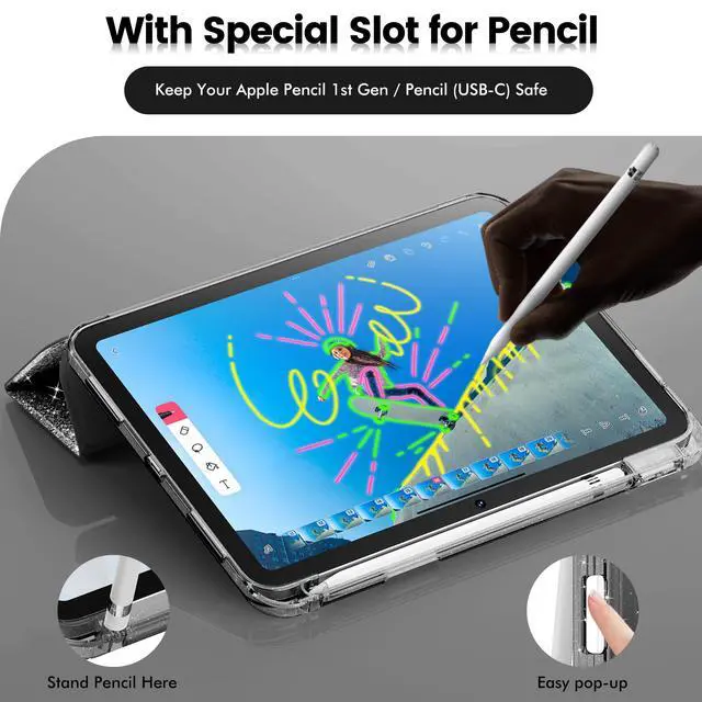 Alt view image 5 of 7 - INFILAND Compatible with iPad A16 11th Generation 11 Inch 2025 Case, iPad Case 10th Generation 10.9 Inch, Glitter Cover with Sparkly Clear Back, Pencil Holder, for Kids Girls (Black)