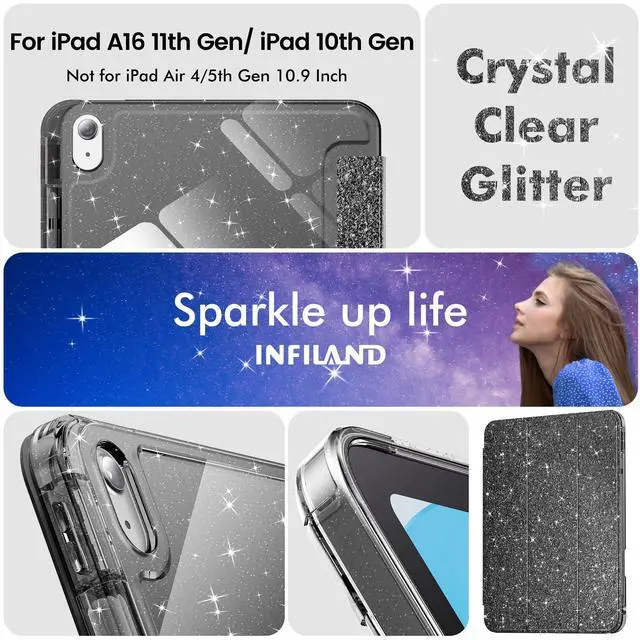 Alt view image 7 of 7 - INFILAND Compatible with iPad A16 11th Generation 11 Inch 2025 Case, iPad Case 10th Generation 10.9 Inch, Glitter Cover with Sparkly Clear Back, Pencil Holder, for Kids Girls (Black)